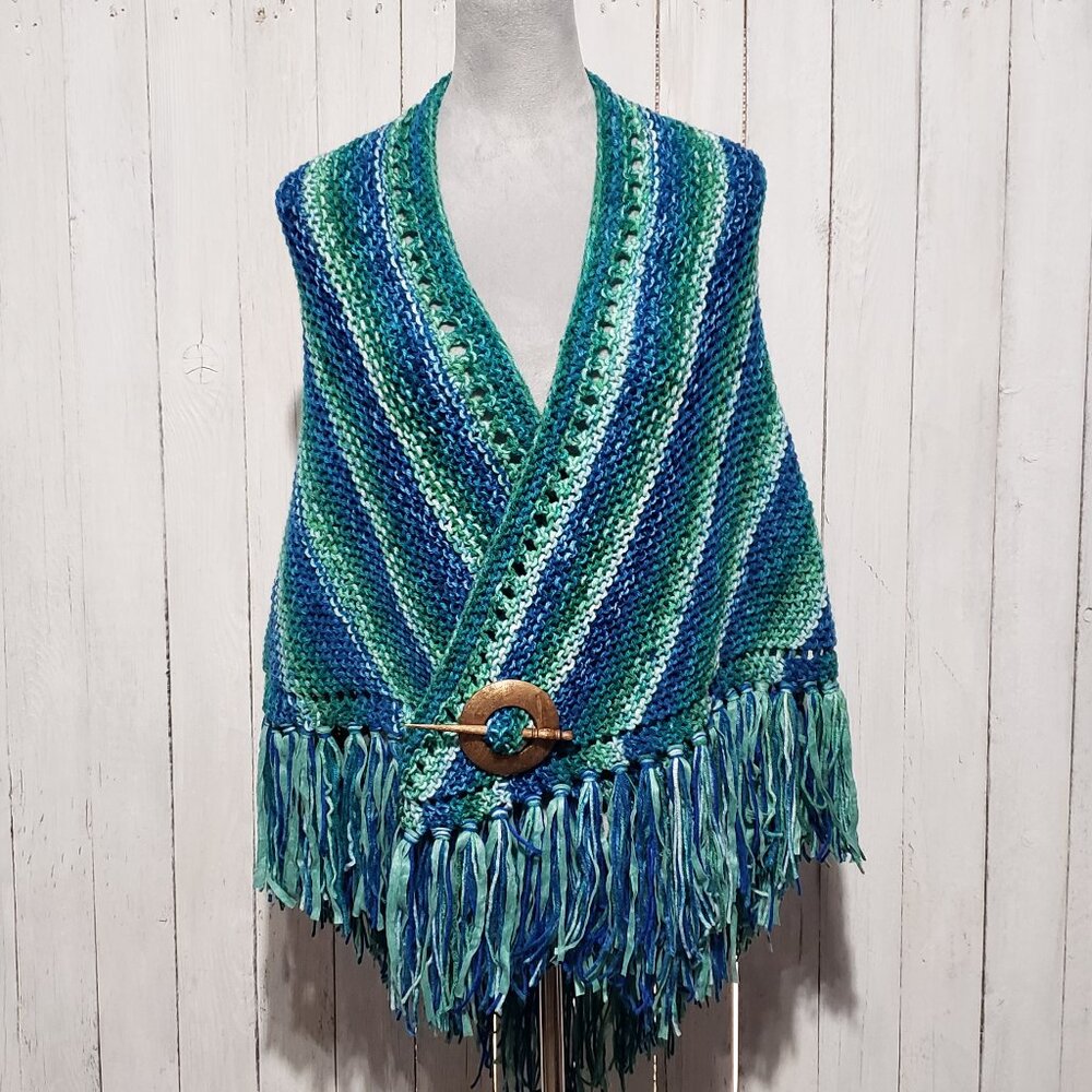 NEW Blue Green Ombre Hand Knitted Shawl Wrap Scarf Boho Coastal Indie Artsy Mod